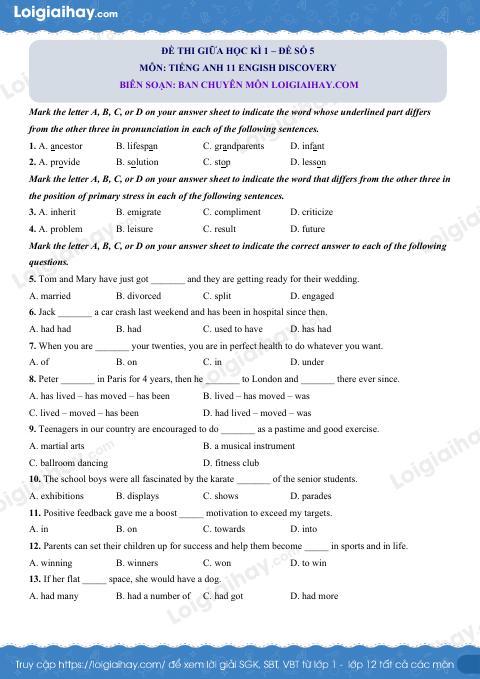 Đề thi giữa kì 1 Tiếng Anh 11 English Discovery - Đề số 5
